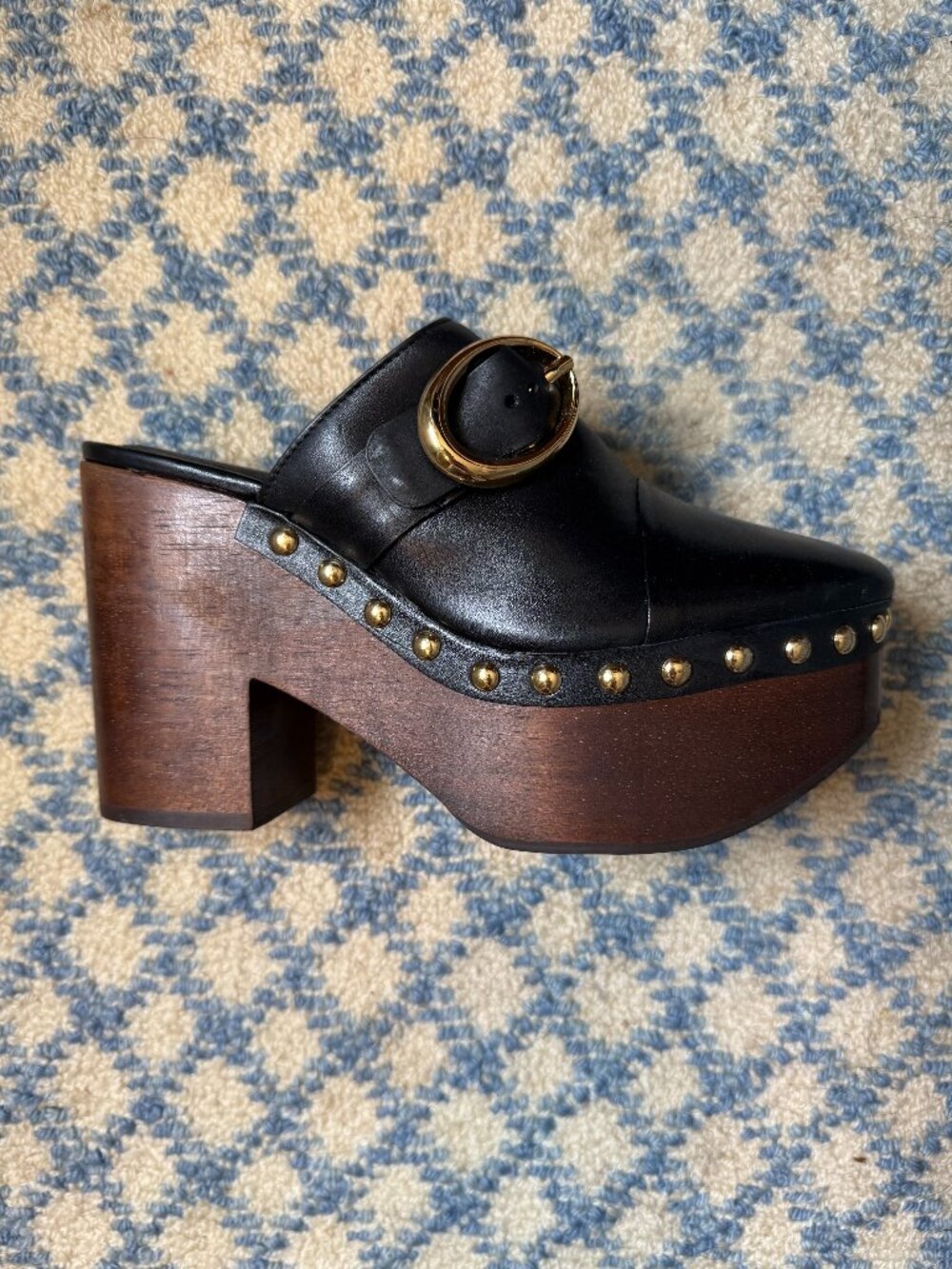 SCHUTZ-BLK LEATHER "PIPER"LEATHER CLOG WITH GOLD BOCKLE  - NEVER WORN